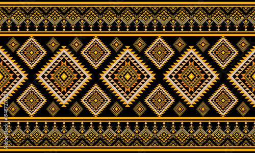 Elegant tribal geometric border pattern with diamond motifs in gold and black. Seamless ethnic textile design inspired by traditional ornamental fabric.