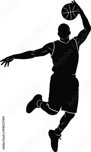 Basketball player slam dunk silhouette, dynamic jump motion, black sports artwork, athlete in uniform, powerful action pose, competitive game illustration artwork