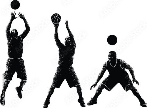 Basketball players halftone silhouette artwork, dynamic sports illustration, jump shoot defend poses, black and white competitive game action, athlete motion design