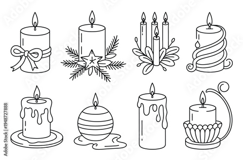 Collection of eight decorative line candles with flames