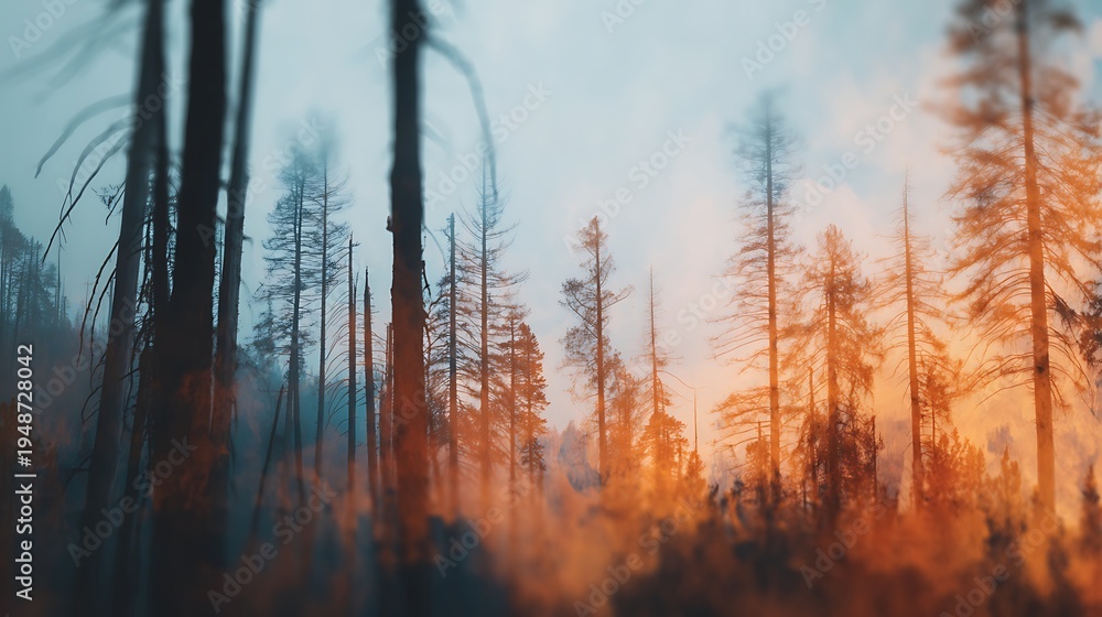 Obraz premium A misty forest scene at sunrise or sunset with tall, thin trees silhouetted against a glowing orange sky, creating a serene and ethereal atmosphere.