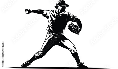 Dynamic baseball pitcher in mid throw, black and white sports illustration, athlete motion pose, professional uniform, competitive game action artwork