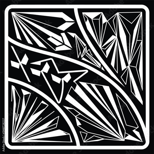 Minimalist black and white abstract geometric pattern featuring sharp crystalline shapes and modern design.