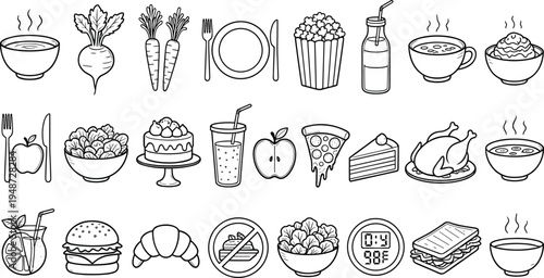 Food and dining line icons, soup, vegetables, salad, cake, pizza, hamburger, croissant, sandwich, juice, coffee, chicken, culinary art