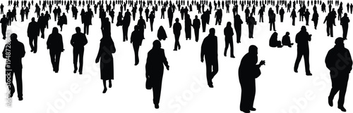 Large crowd silhouettes, people gathering illustration, human density concept, social group activity, population design, vector people posture variation artwork