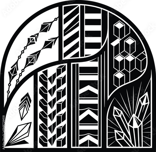 Modern asymmetrical wall art featuring vertical sections of stripes and crystalline structures for contemporary interior accent.