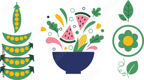 Healthy food illustration, pea pods, salad bowl, vegetables, fruit, organic design, nutrition, vegetarian, plant based, natural, culinary art