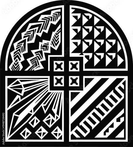 Quad split mandala featuring diverse geometric textures and crystalline rays within a central cross frame for unique wall decor.