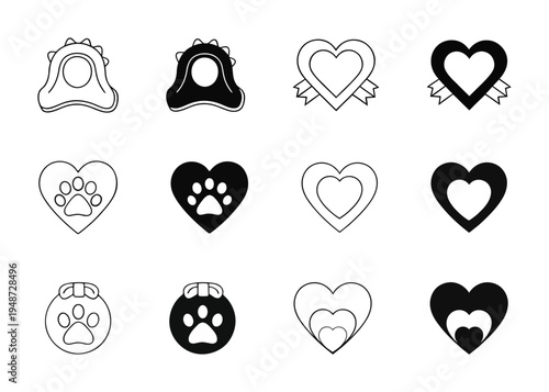 Collection of  heart shaped icons in various designs and styles with paw prints