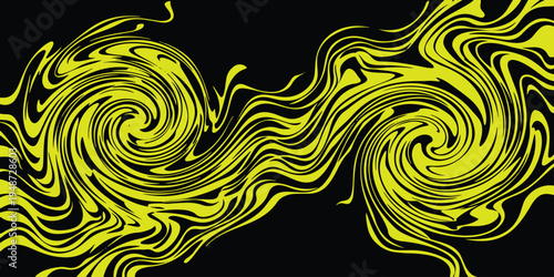 A vibrant yellow swirl design on a black background with abstract patterns and shapes