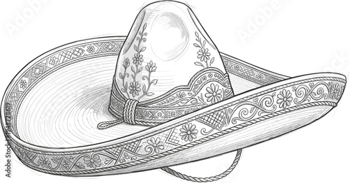 Detailed black and white illustration of a traditional Mexican sombrero hat with intricate floral patterns and a chin strap