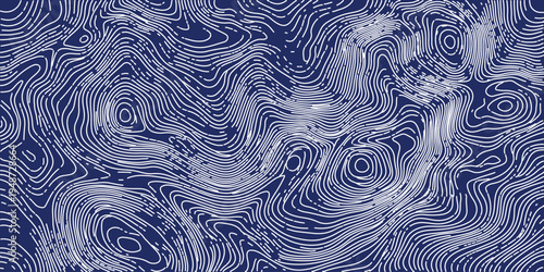 A blue and white abstract topographic map with swirling lines and patterns