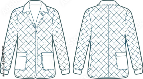 Quilted jacket front and back view technical fashion illustration, padded coat design template, winter clothing apparel outline vector