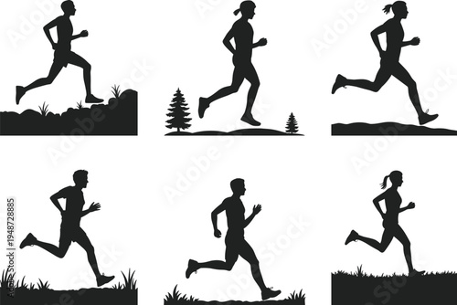 Running people silhouette set, male and female runners jogging outdoor, fitness training activity, marathon athlete vector illustration collection