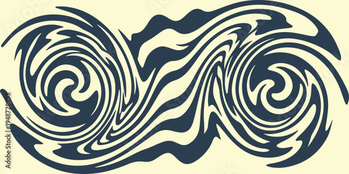 A stylized illustration of swirling waves in dark blue on a pale yellow background