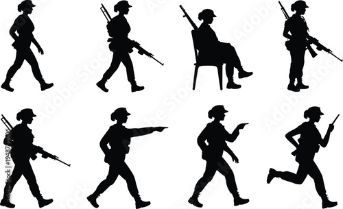 Silhouette female soldier poses walking, sitting, pointing, running, using radio, holding rifle, military uniform, army activity, vector illustration design