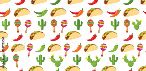 Seamless pattern of Mexican food and culture elements like tacos, maracas, and cacti on a white background