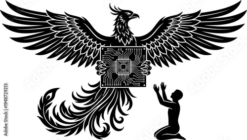 Woodcut Depiction of a Praying Man Before a Phoenix Holding a Mi
