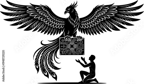 Woodcut Depiction of a Praying Man Before a Phoenix Holding a Mi
