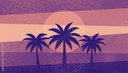 Retro purple synthwave sunset with palm tree silhouettes and grainy vaporwave texture