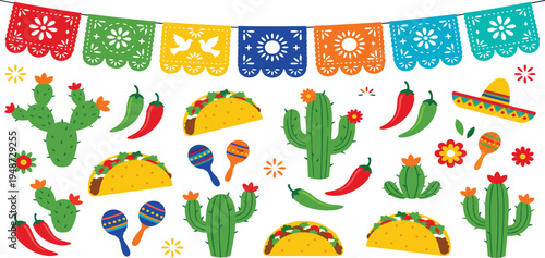 Vibrant Mexican Fiesta Elements Cactus, Tacos, Maracas, and Papel Picado Bunting for Festive Celebrations