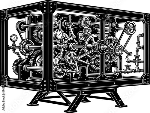 Elaborate steampunk mechanical structure engraved in detailed wo
