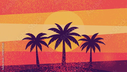 Retro synthwave sunset with palm tree silhouettes on tropical beach background with grain texture