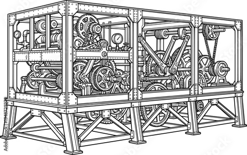 Elaborate steampunk mechanical structure engraved in detailed wo
