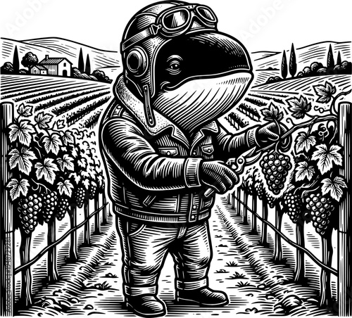 Aviator whale harvesting grapes at a vineyard in black and white
