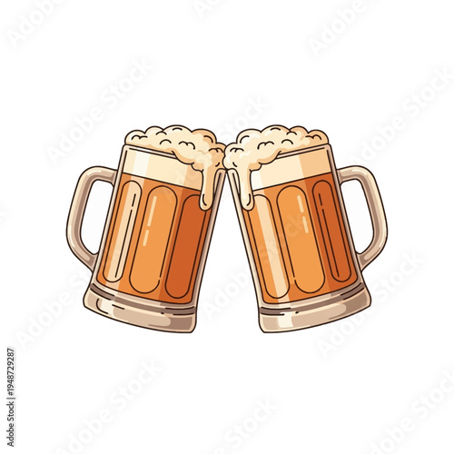 Two cartoon-style beer mugs clinking together, filled with frothy golden beer, celebrating a toast.