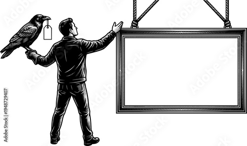 Woodcut illustration of a man, a raven and a blank sign ideal fo
