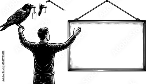 Woodcut illustration of a man, a raven and a blank sign ideal fo
