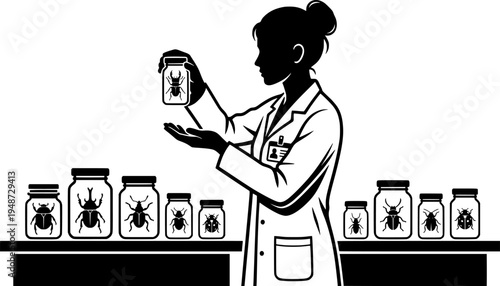 Entomologist examining beetle specimens in jars, science educati
