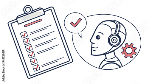 Clipboard checklist with AI robot and checkmark, Vector icon illustration of a document clipboard with a checklist of checked items, next to a profile of an artificial intelligence robot wearing 