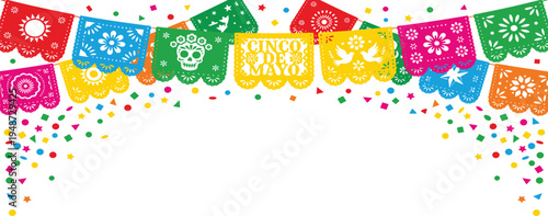 Vibrant Fiesta Banner with Colorful Papel Picado and Confetti, Celebrating Cinco de Mayo Festivities