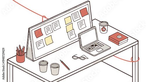 Desk organizer with kanban board, laptop, pencils, glasses,  Vector illustration of an isometric desk with a large organizer board displaying sticky notes for project management. The desk has a laptop