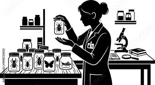 Entomologist examining beetle specimens in jars, science educati
