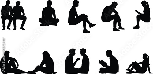 Silhouette seated people poses, casual sitting positions, reading, relaxing, conversation, body language illustration, vector design, human posture variation concept