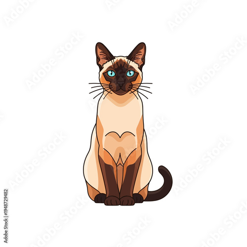 Quadro su tela Cute cartoon illustration of a Siamese cat with blue eyes sitting upright on a white background, showcasing its distinctive point coloration