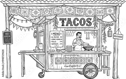 Black and white illustration of a Mexican street food taco stand. A chef prepares fresh tacos under festive banners and a rustic menu, depicting a culinary scene