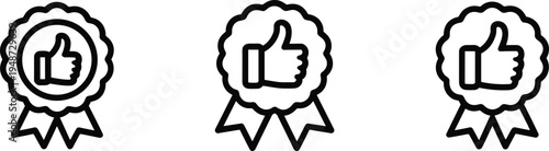 Three icons of a ribbon award with a thumbs up symbol in outline and solid styles Keywords: icon, ribbon, award, medal, badge