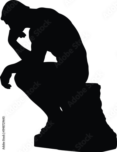 Silhouette thinker statue illustration, contemplative man pose, philosophy concept artwork, intellectual activity design, Rodin inspired vector sculpture
