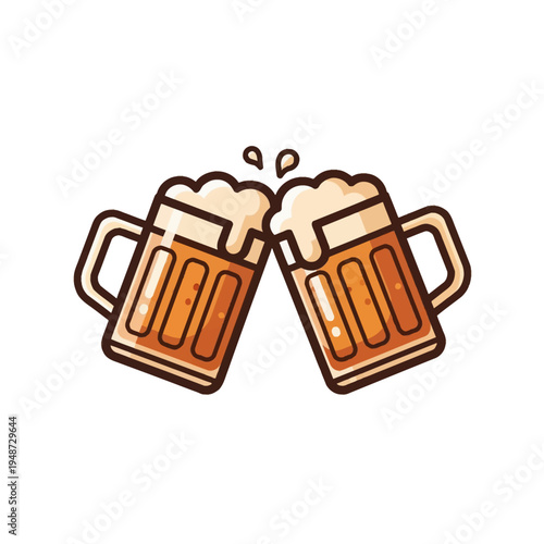 Two cartoon beer mugs clinking together in a celebratory toast, with foam and splashes, on a white background.