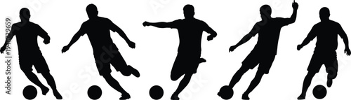 Soccer players silhouettes dynamic action poses, black and white sports illustration, athletes with ball artwork, competitive game motion design drawing