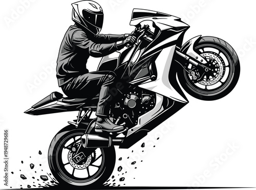 Sport motorcycle rider performing wheelie, black and white dynamic illustration, extreme motorsports artwork, athlete in protective gear, speed action composition drawing