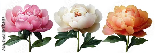 Three blooming peony flowers in pink, ivory, and coral with green leaves on a clean white background, conveying delicate serene elegance