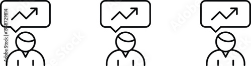 Three icons of a person with a speech bubble showing an upward trending graph Keywords: icon, person, speech bubble, graph