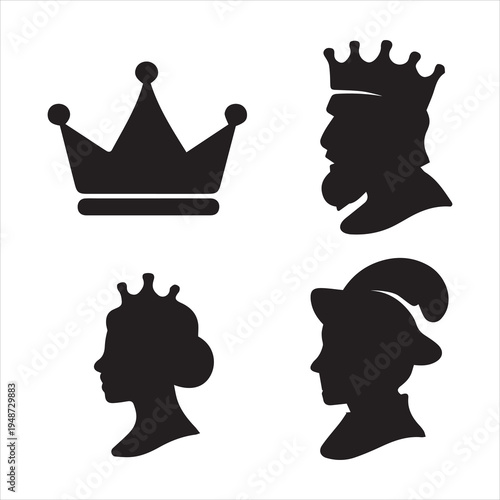 Royalty silhouette icon set. King, queen, noble and crown symbols. Medieval monarchy characters profile. Head of historical royal family members. Heraldic fantasy vector elements.