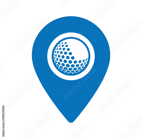 Blue golf ball icon on map pin symbol for sports and navigation purposes