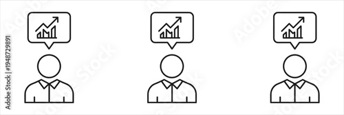 Three people icons with speech bubbles showing upward trending bar graphs chart